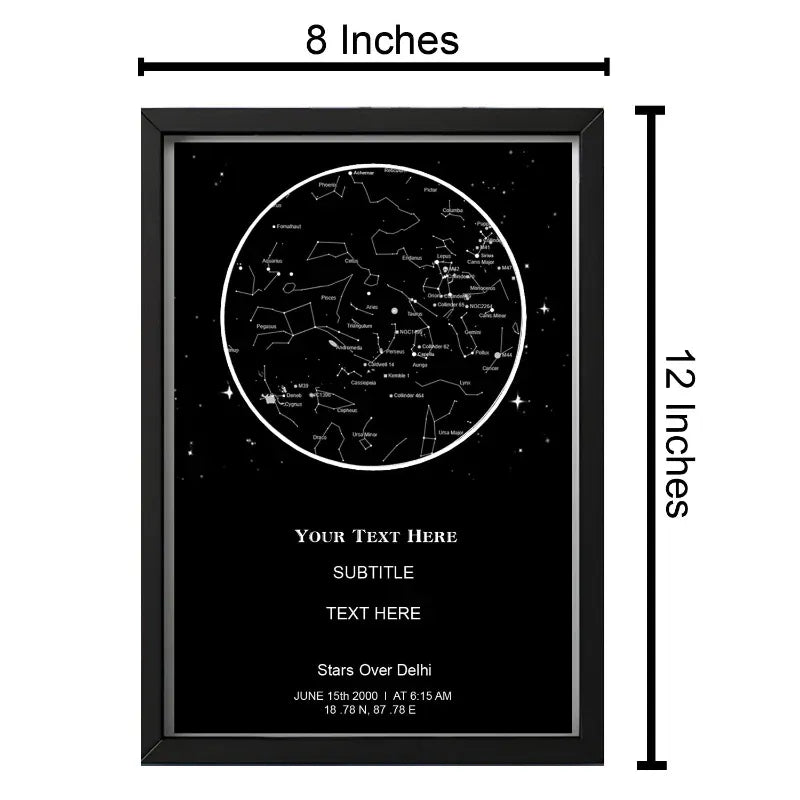 Framed star map with dimensions and customizable text area on a white background