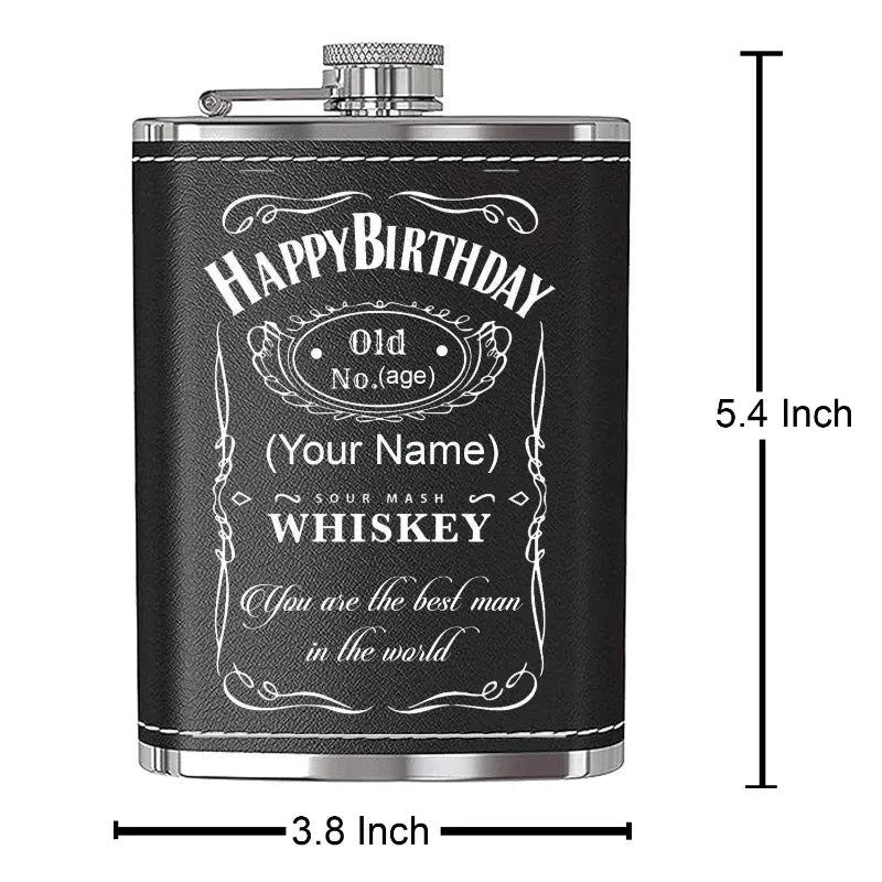 Black flask with white text resembling a whiskey label, with dimensions indicated.