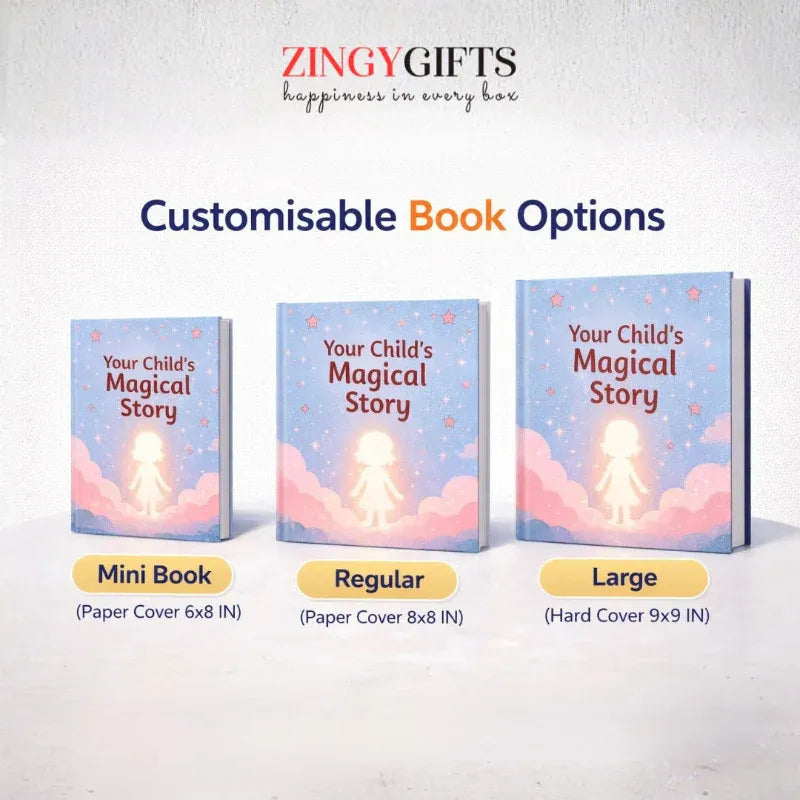 Zingy Gifts customizable book options with 'Your Child's Magical Story' text on a white background.