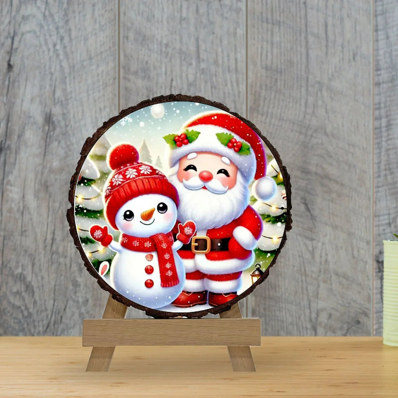 Decorative plate with Santa Claus and snowman on a wooden stand against a wooden background