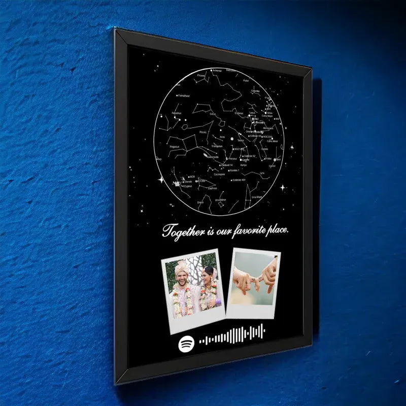 Framed artwork with constellation map and photos on a blue wall