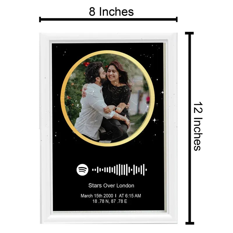 Spotify photo frame with a couple's picture and dimensions displayed