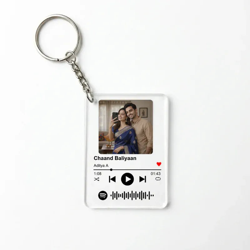 Keychain with a design of a couple and spotify interface on a white background