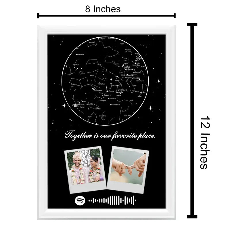 Framed artwork with star map and two photos, dimensions indicated.