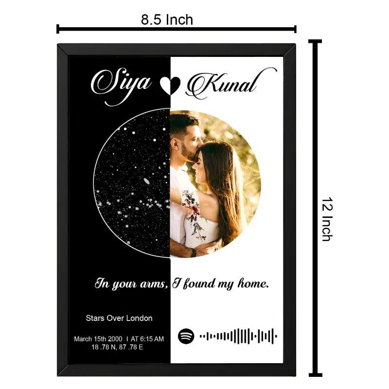 Personalized photo frame with two circular cutouts and text, dimensions shown.