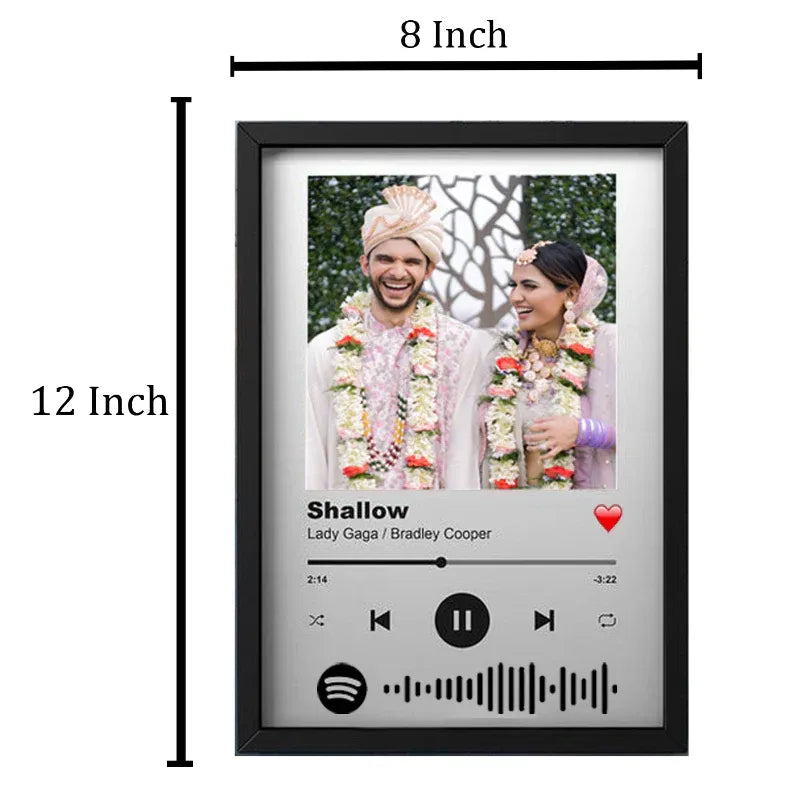 Framed artwork with a couple and music player design, 8x12 inch size.