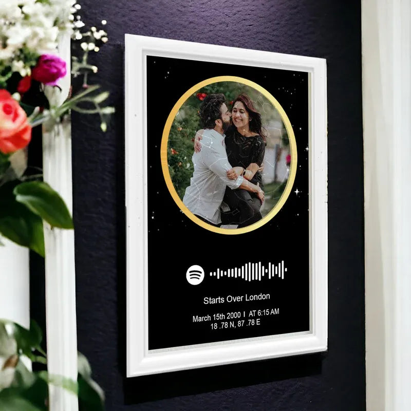 Framed photo of a couple with a personalized design on a dark wall.