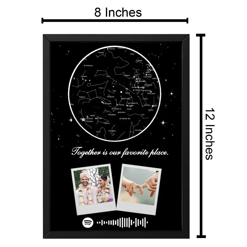Framed artwork with star map and two photos, dimensions indicated.