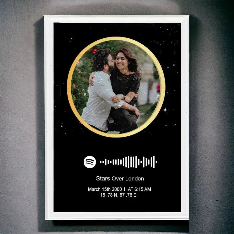Framed artwork with a couple embracing, Spotify logo, and coordinates on a dark background