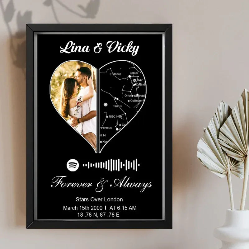 Framed artwork with a heart design, photo of a couple, and star map on a black background.