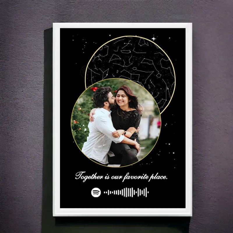 Personalized wall art with a couple's photo and 'Together is our favorite place' text on a black background.