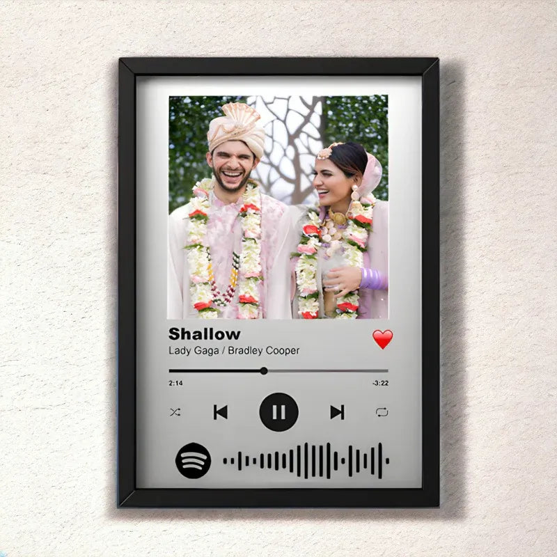 Framed picture of a couple with a music player interface overlay on a textured wall.