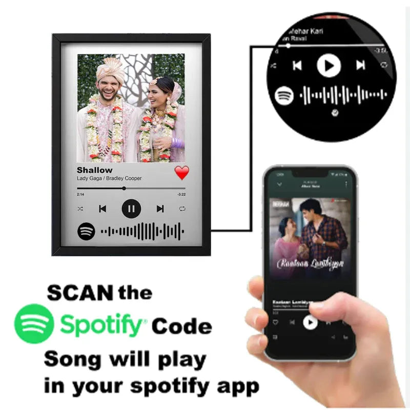 Spotify interface with music controls and a phone displaying a couple, with text indicating a Spotify code can be scanned.