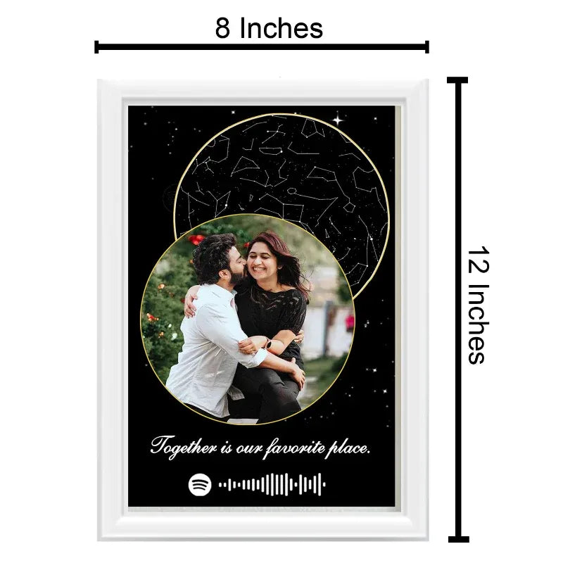 Framed photo of a couple with a starry night design and text 'Together is our favorite place.'