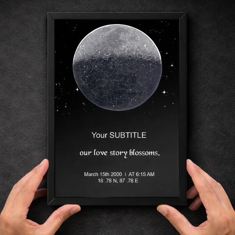 Framed print with a celestial design and customizable text on a dark background