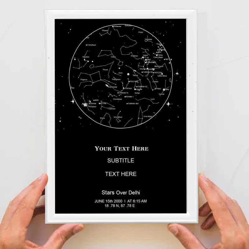 Star map poster with customizable text held by hands against a white background