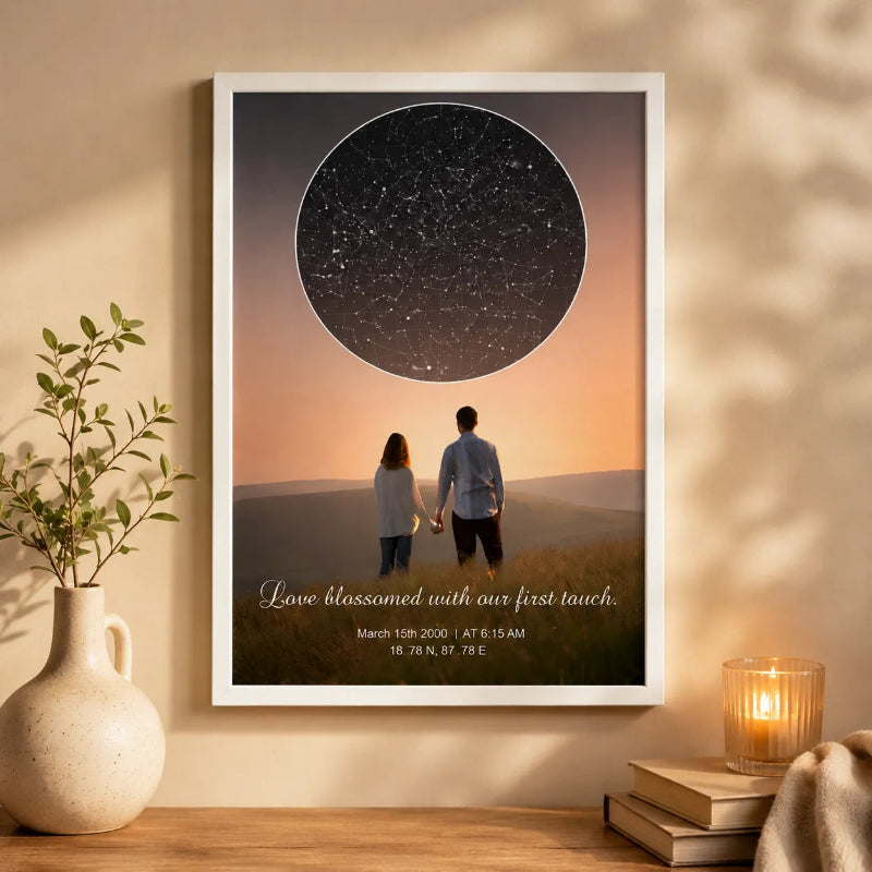 Personalised star map with couple photo showing real constellation star map and illustrated night sky — anniversary gift India.