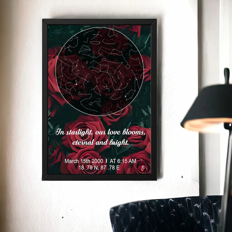Framed artwork with red roses and star map on a wall, featuring a romantic quote.