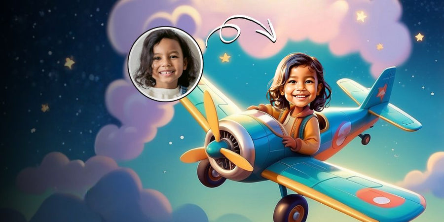 Custom story book of a girl on a plane with a photo of a real girl in the corner against a starry night sky.
