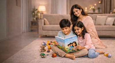 Kids reading a custom story book with their mom in a cozy living room, personalized children’s book featuring family characters and colorful illustrations