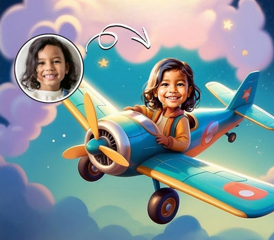 custom story book of a child on an airplane with a close-up of a child's face, set against a starry sky.