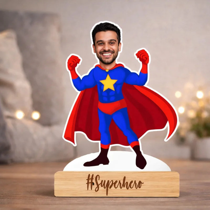 Personalized superhero caricature MDF figure mounted on wooden base with custom name engraving
