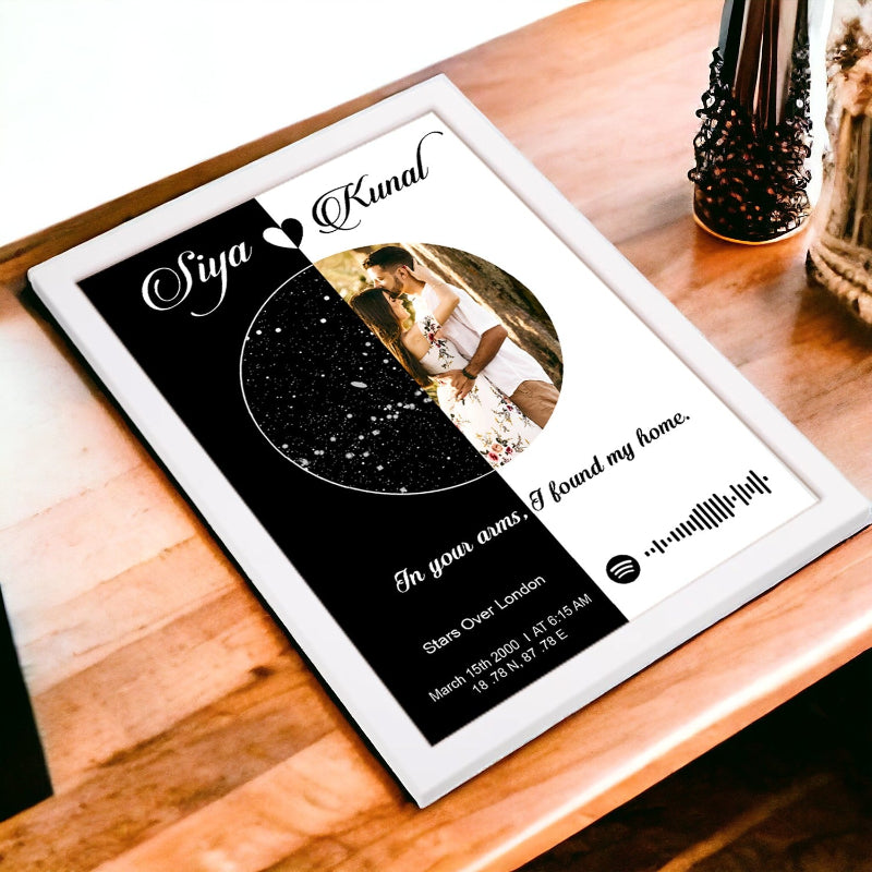 Personalized music plaque with names and romantic quote on a wooden surface