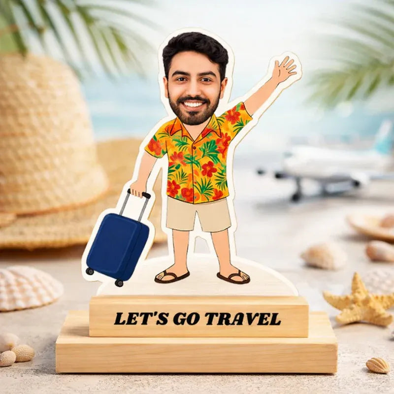 Custom travel lover caricature made from MDF with wooden base, featuring an Indian male traveler holding a suitcase with personalized text engraving