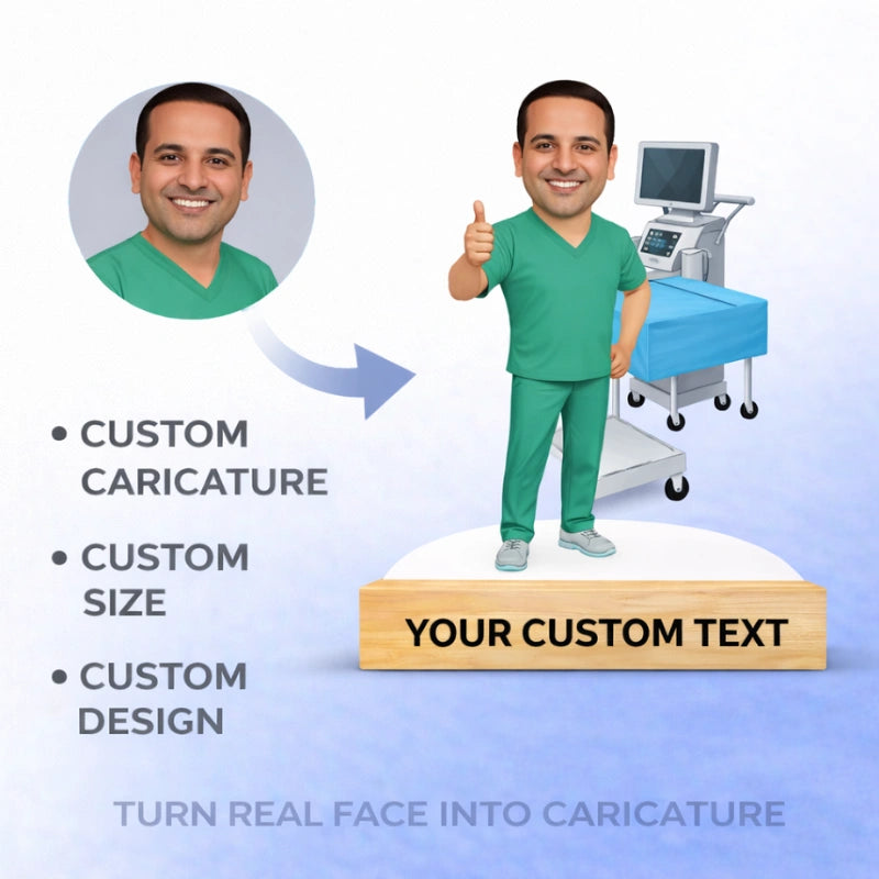 Turn real photo into a custom anesthesiologist doctor caricature made from MDF with wooden base and personalized name text – unique customized medical professional gift.