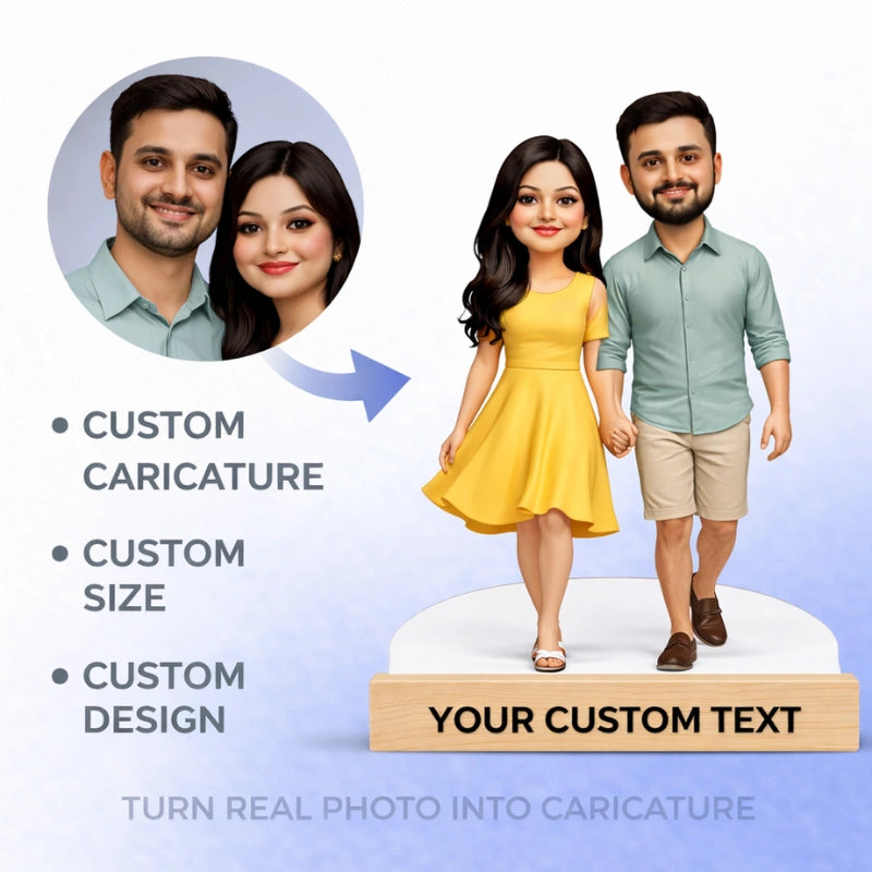 Turn real couple photo into a custom caricature made from MDF with wooden base and personalized text – unique customized couple caricature gift.