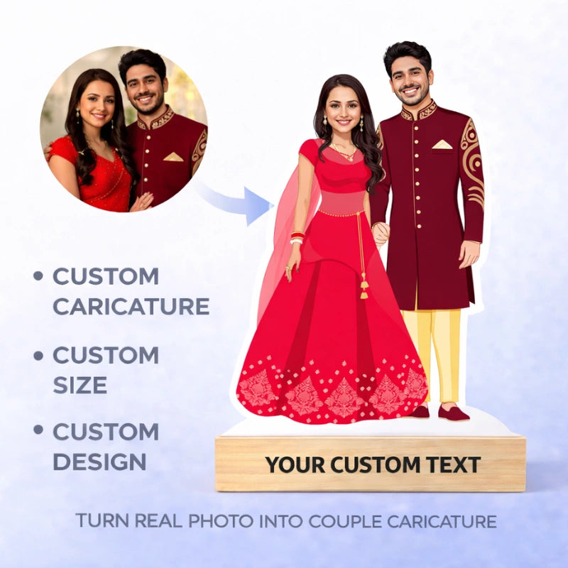 Turn real couple photo into a personalized couple caricature with MDF cutout and wooden base, custom size and custom design gift