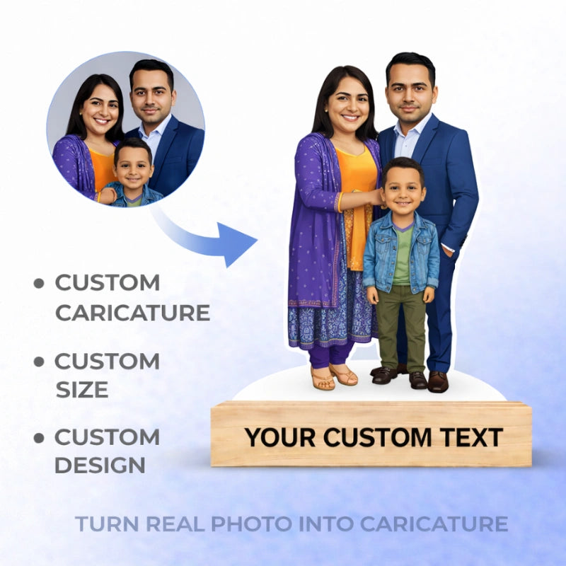 Turn real family photo into a custom family caricature made from MDF with wooden base and personalized text – unique customized family gift.
