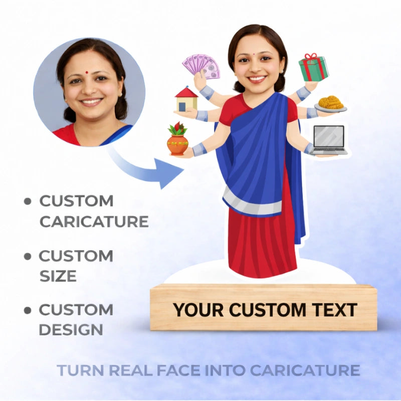 Turn real photo into a custom Maa caricature made from MDF with wooden base and personalized text – unique personalized gift for mother.
