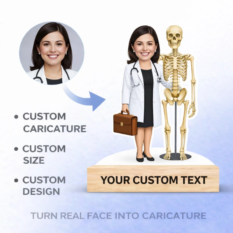 Turn real photo into a custom orthopedic surgeon caricature made from MDF with wooden base and personalized name text – unique customized gift for orthopedic doctors.