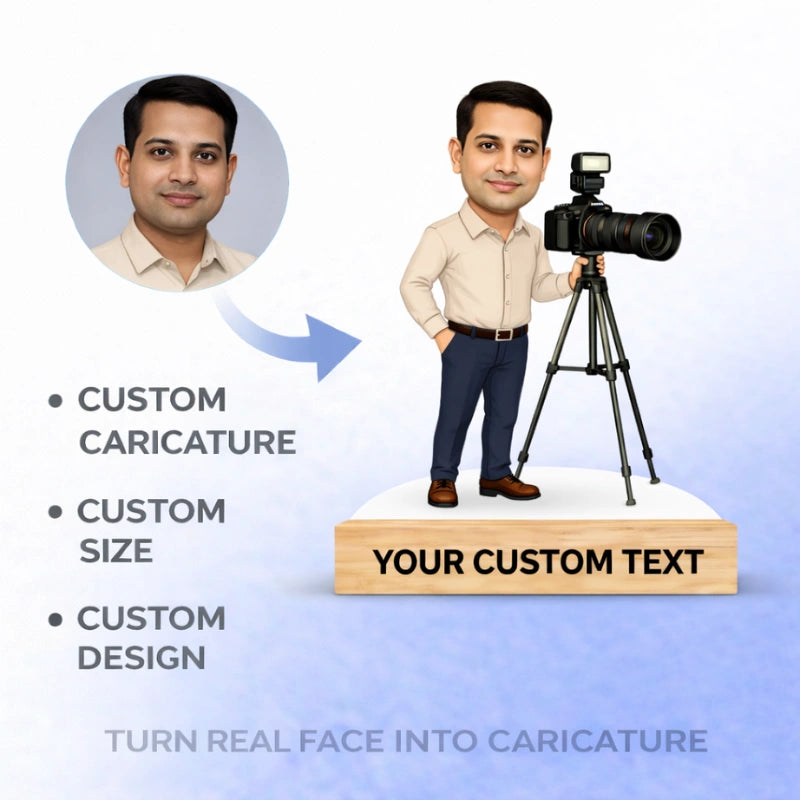 Turn real photo into a custom photographer caricature made from MDF with wooden base and personalized name text – unique customized gift for photographers.