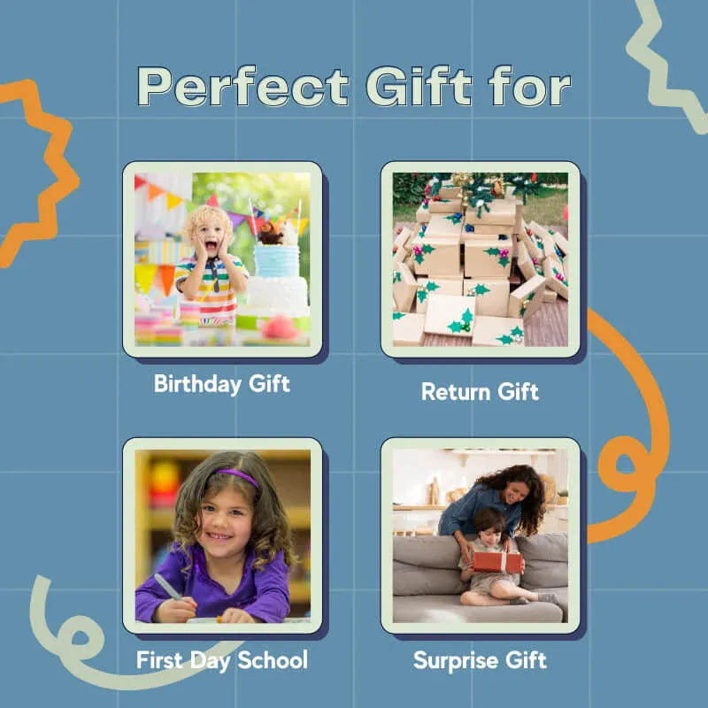 Promotional graphic for gift ideas with images of a birthday party, building blocks, a child at first day of school, and a family reading together.