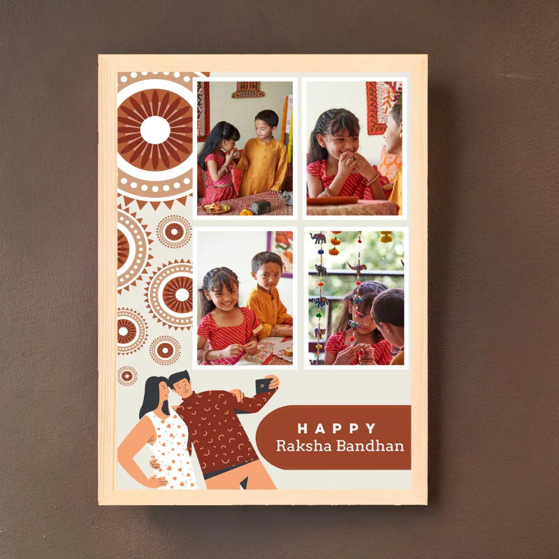 A vertical photo collage print celebrating Raksha Bandhan, featuring four custom photo slots, decorative brown and beige circular patterns, and an illustration of a couple at the bottom with the text 'HAPPY Raksha Bandhan'. The print is displayed flat against a dark brown background.