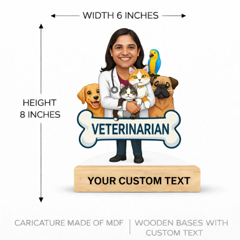 Veterinarian caricature size 6x8 inches made of MDF with wooden base and customizable text for clinic or office decor