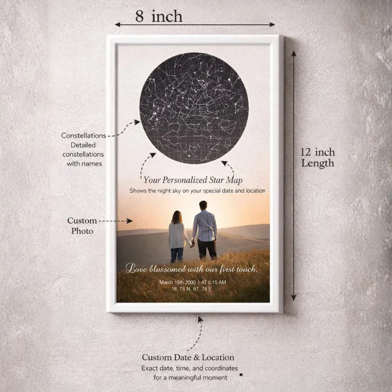 Framed personalized star map with a couple on a field, showing dimensions and features.