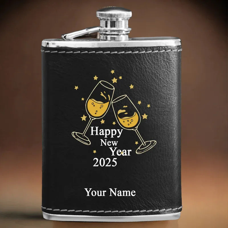 Black Leather Hip Flask Customised with Name – Personalized Stainless Steel Flask Gift for Him or Her