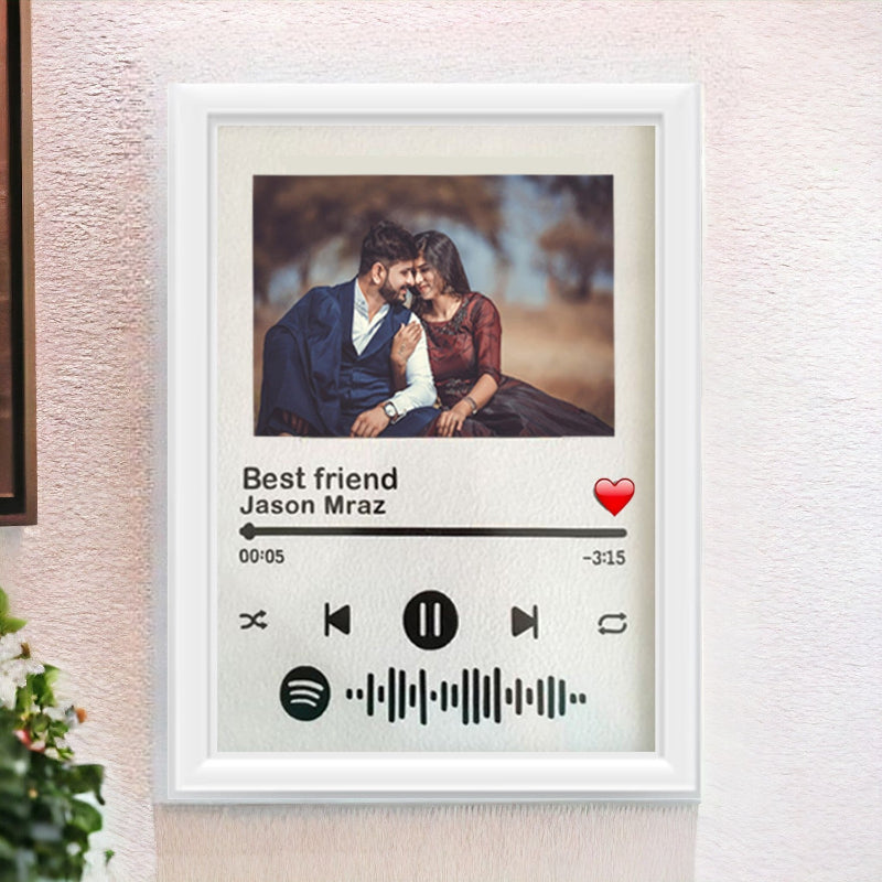 A personalized Spotify photo frame displaying an image of a couple with the text 'Best friend' and a heart symbol, alongside a Spotify logo, placed on a wall.