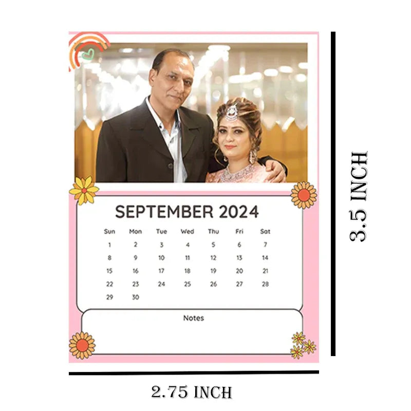 Calendar for 2026 with a couple's photo and dimensions indicated.
