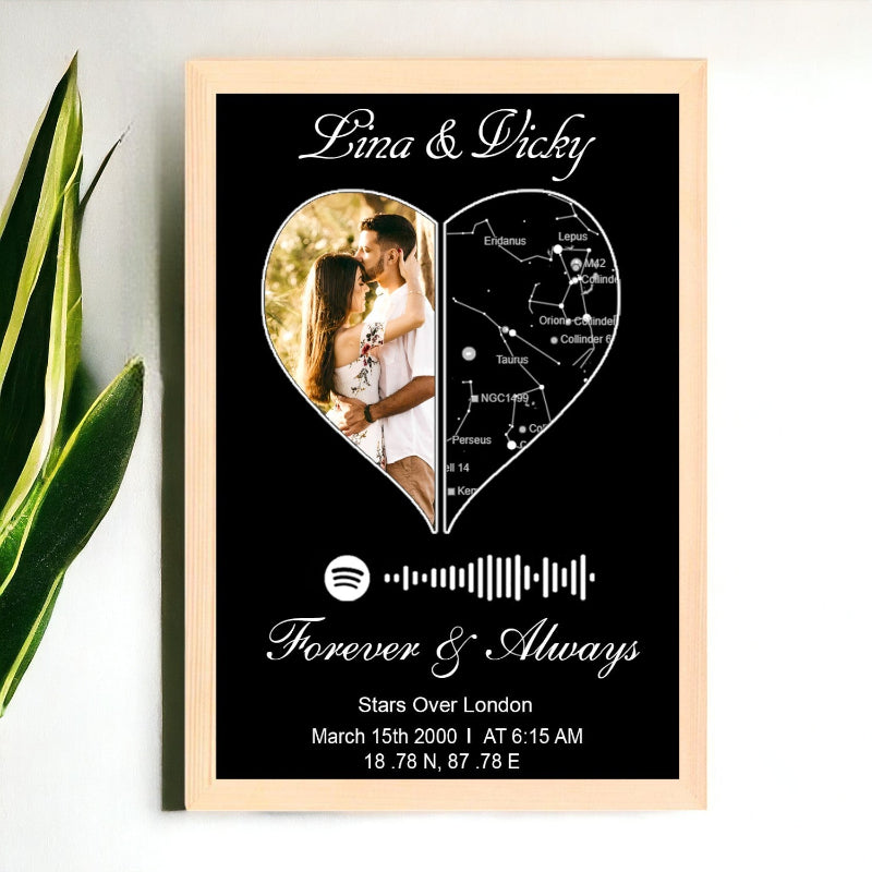 A personalized star map frame with a heart shape, wood border, and including a photo, text, and a Spotify music link.