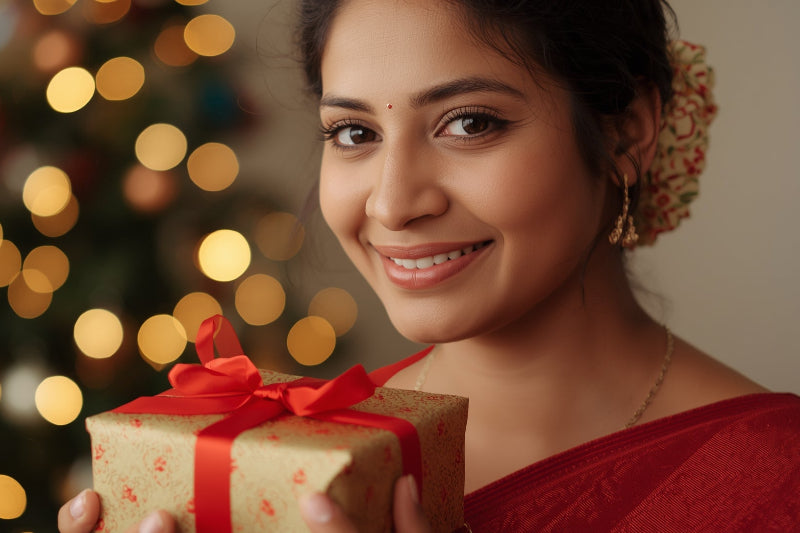 Woman holding a gift with a blurred Christmas tree in the background