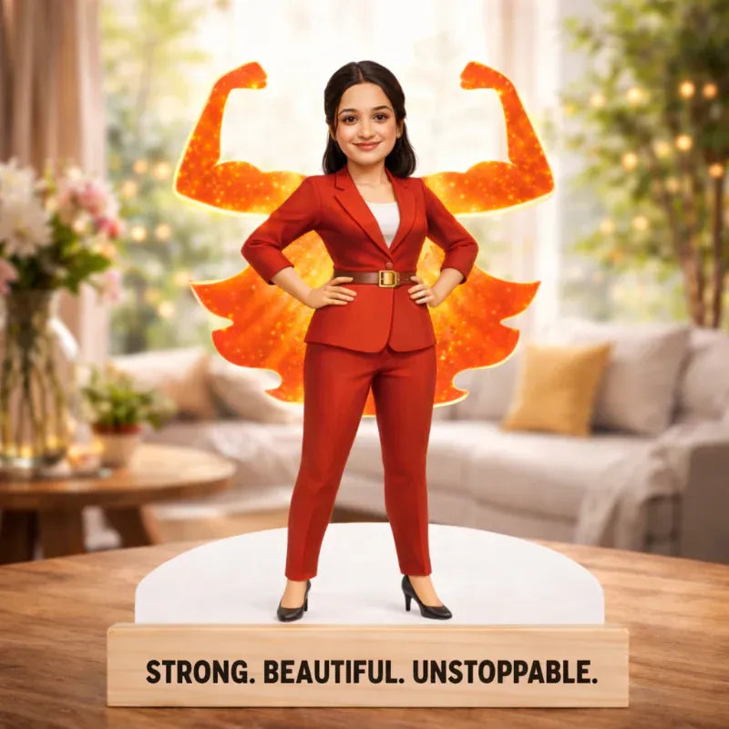 Figurine of a woman in a red suit with flexed muscles in a living room setting, with text 'STRONG. BEAUTIFUL. UNSTOPPABLE.'