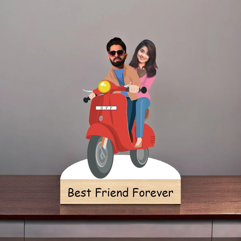 Decorative piece with a couple on a red scooter and 'Best Friend Forever' text on a gray background