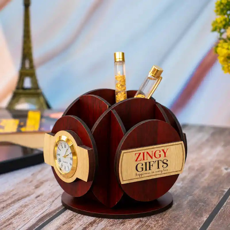 Wooden corporate diwali gift desk organizer with golden-rim analog clock, pen holder compartments and ZingyGifts nameplate
