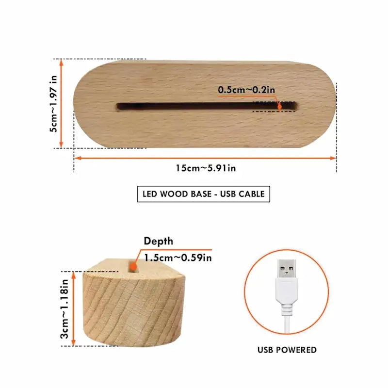Wooden LED base with USB cable and dimensions on a white background