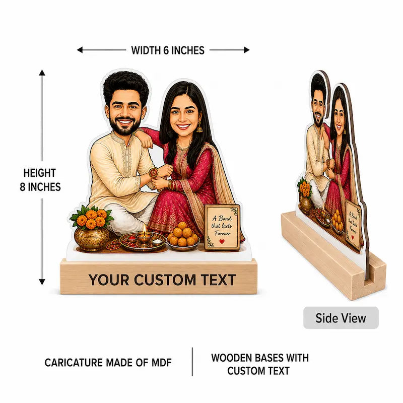 Customizable MDF wooden couple figurine with a light wood base, shown in front and side views with dimensions labeled as 6 inches wide by 8 inches high. The illustrated couple is dressed in traditional South Asian attire, seated with decorative fruits and flowers, and a small personalized plaque.