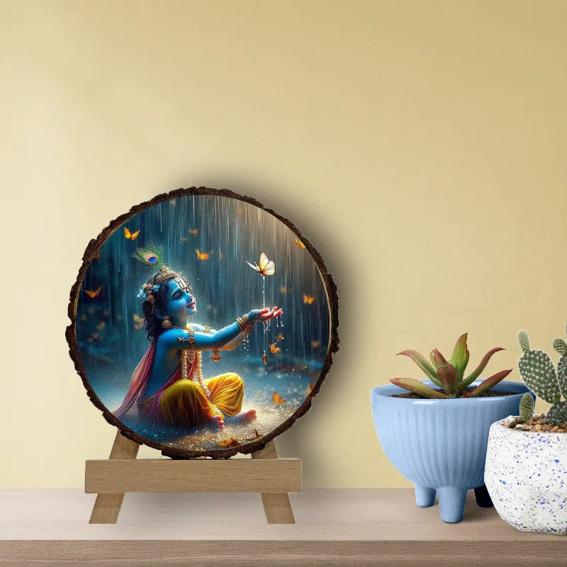 Decorative piece with a colorful depiction of a figure in a natural setting on a wooden stand, with potted plants in the background.